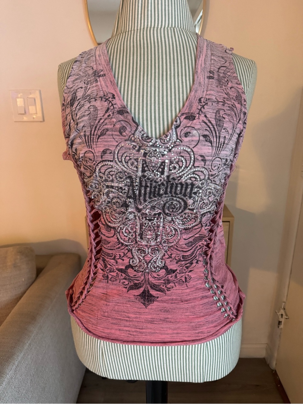 Affliction Pink Embellished Lace-Up V-Neck Tank
